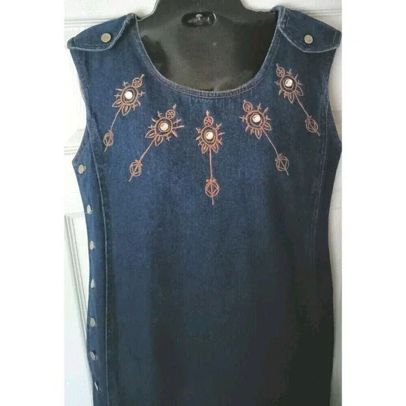 Vintage Molato Denim Maxi Dress Size Large Sleeveless Jean Embroidered Jeweled - Picture 6 of 11